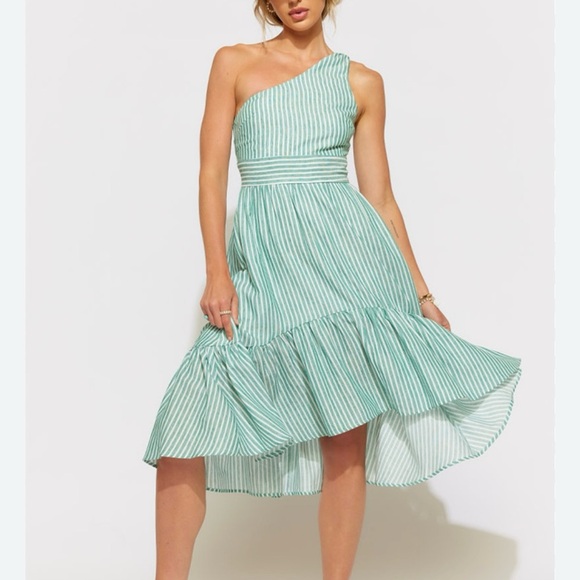 Francesca's Collections Dresses & Skirts - Francesca’s Sloane Striped One Shoulder Midi Dress High Low Linen Cotton Size XS
